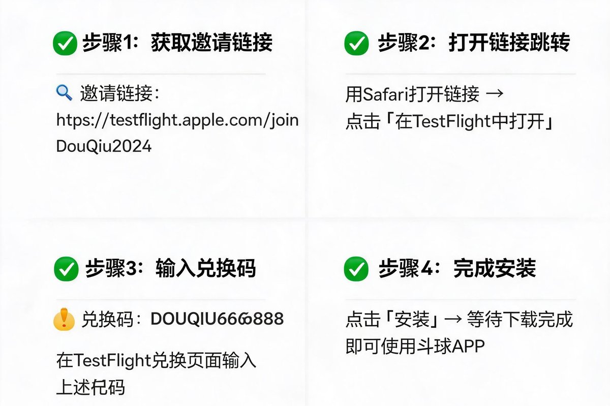 斗球苹果版通过TestFlight安装的详细步骤，包含邀请链接和兑换码