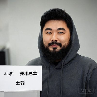 斗球美术总监王磊，络腮胡，穿连帽卫衣